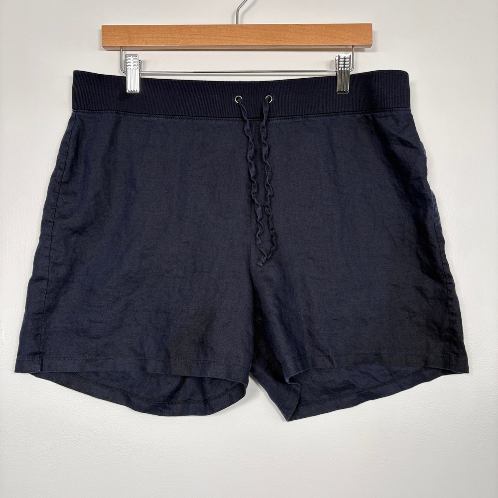 Talbots Women Shorts L Navy Blue 100% Linen Drawstring Ribbed Waist Coastal Beac